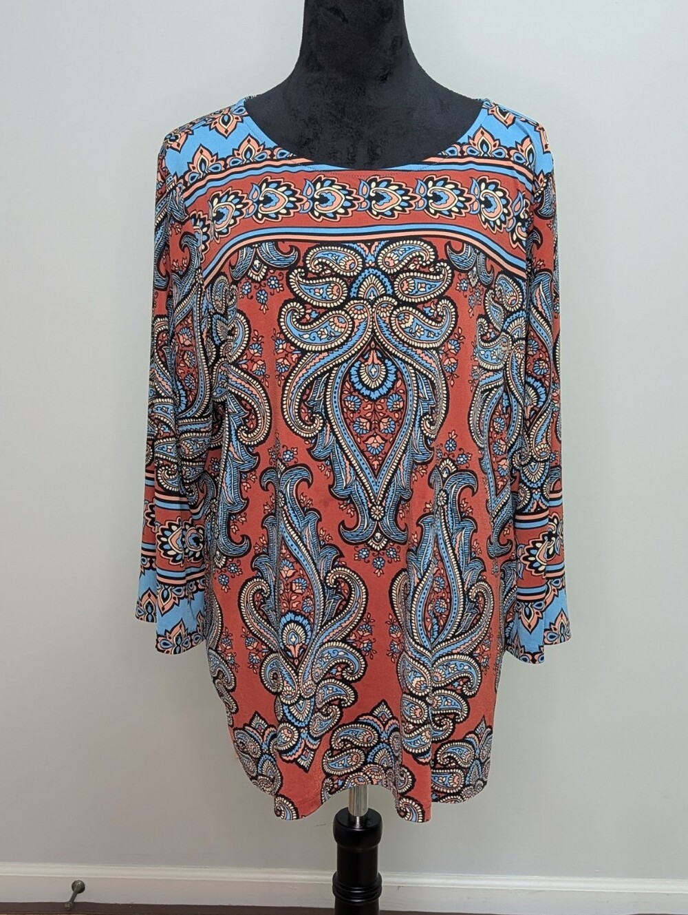 Bob Mackie Wearable Art Stretchy Tunic Top XL Blue And Burnt Orange Paisley